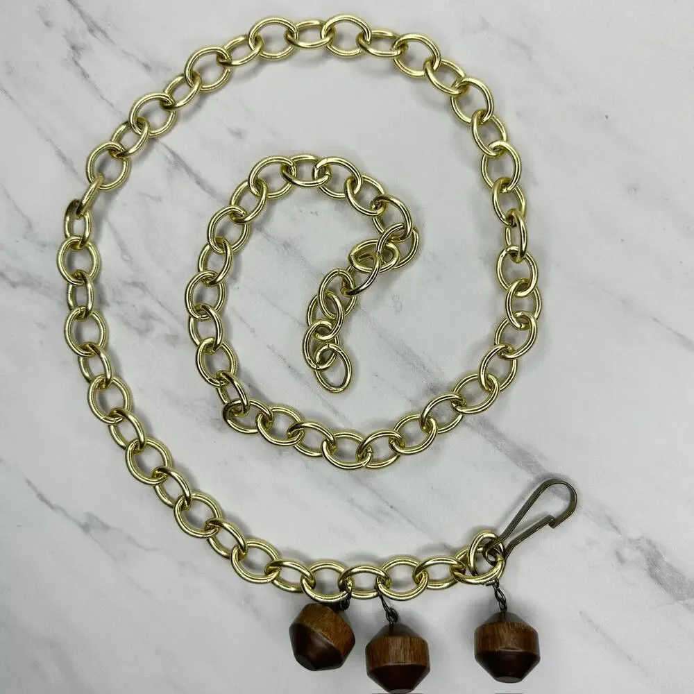 Chunky Wooden Charm Gold Tone Metal Chain Link Belt Size Small S Medium M